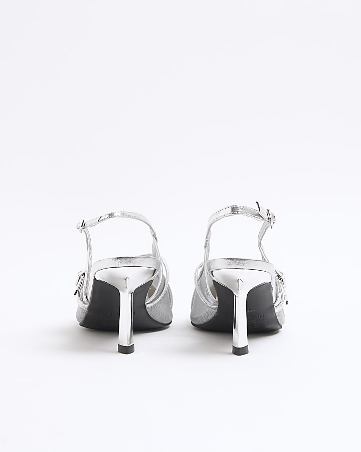 Silver Mesh Sling Back Heeled Court Shoes