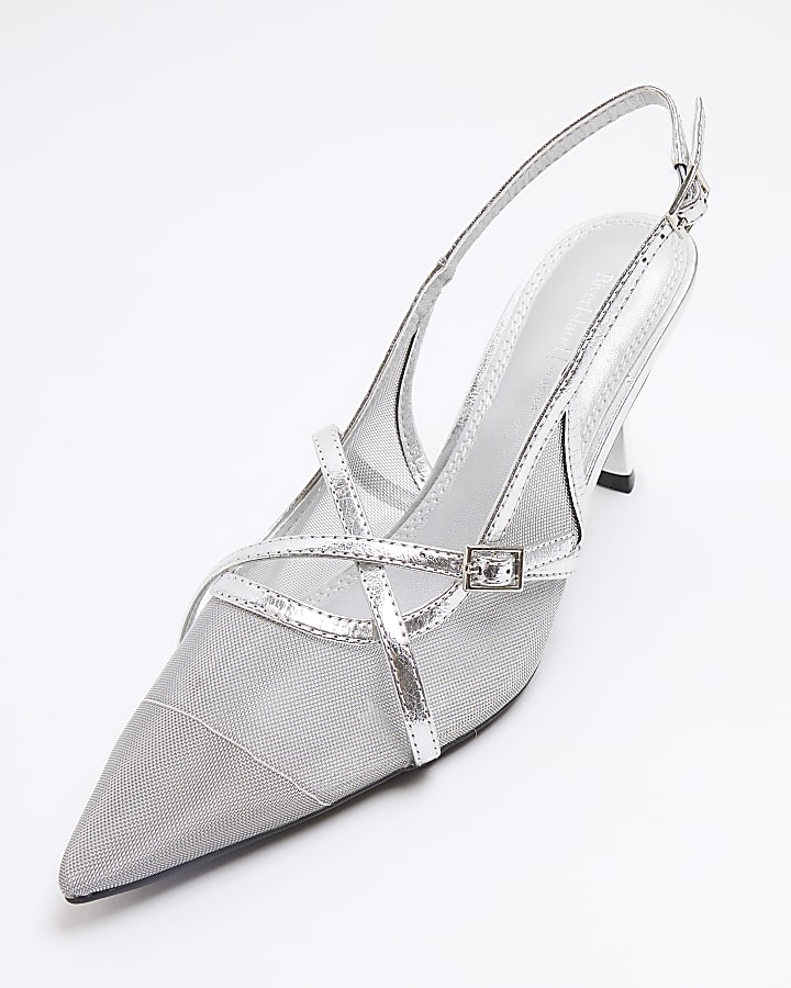 Silver Mesh Sling Back Heeled Court Shoes