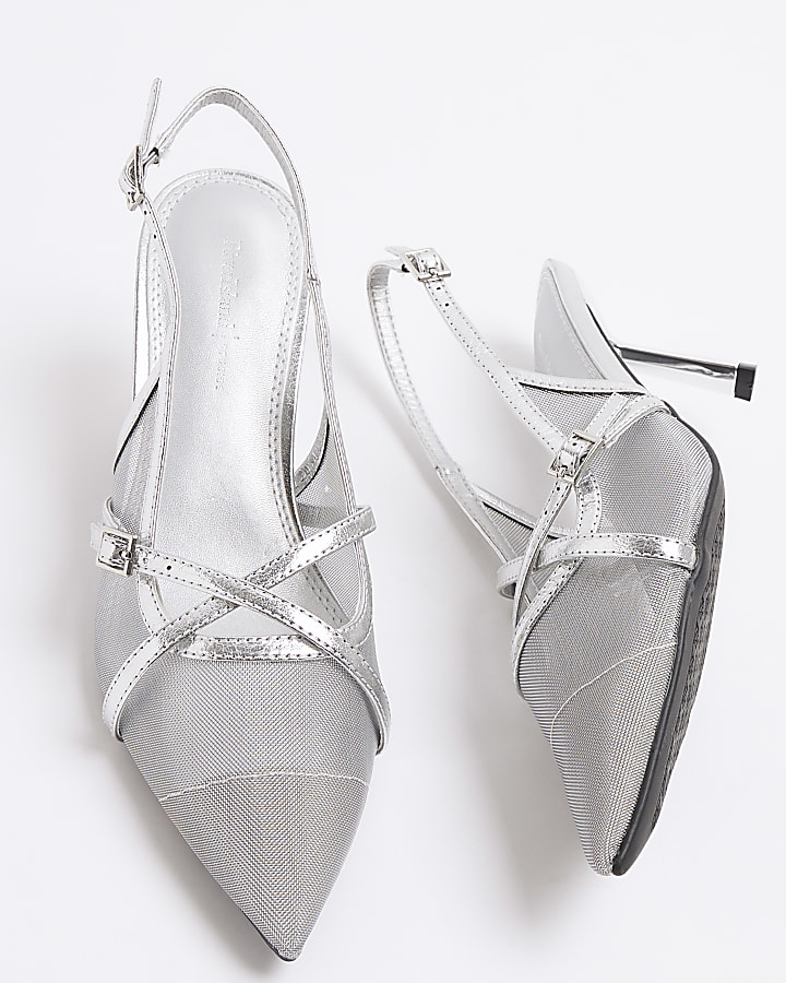 Silver Mesh Sling Back Heeled Court Shoes
