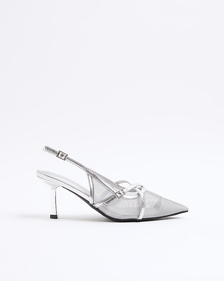 Silver Mesh Sling Back Heeled Court Shoes