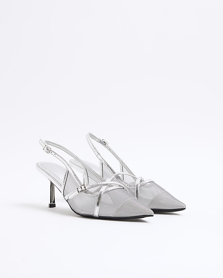 Silver Mesh Sling Back Heeled Court Shoes