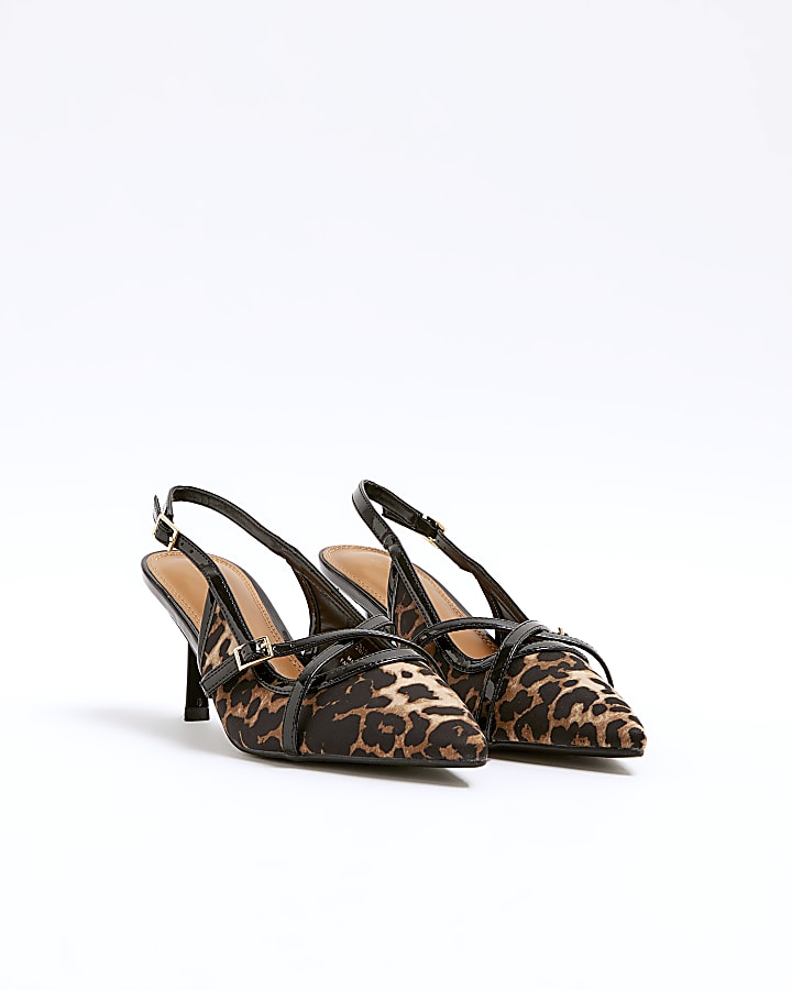 Brown leopard print sling back heeled shoes