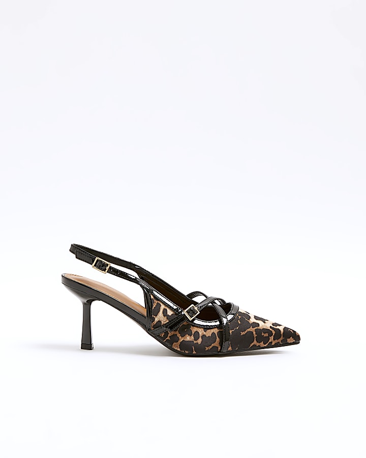 Brown leopard print sling back heeled shoes