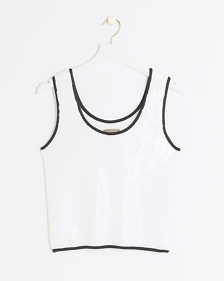 White sequin scoop neck vest top