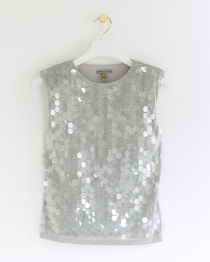 Silver sequin shoulder pad tank top