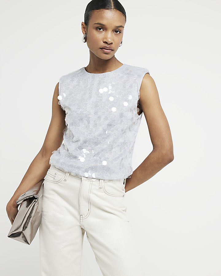 Silver sequin shoulder pad tank top