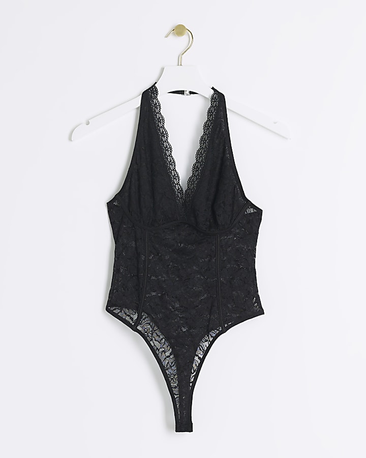 Black lace halter neck bodysuit