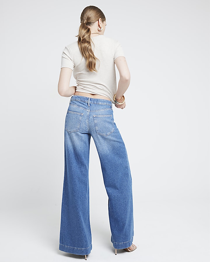 Blue mid rise wide leg jeans