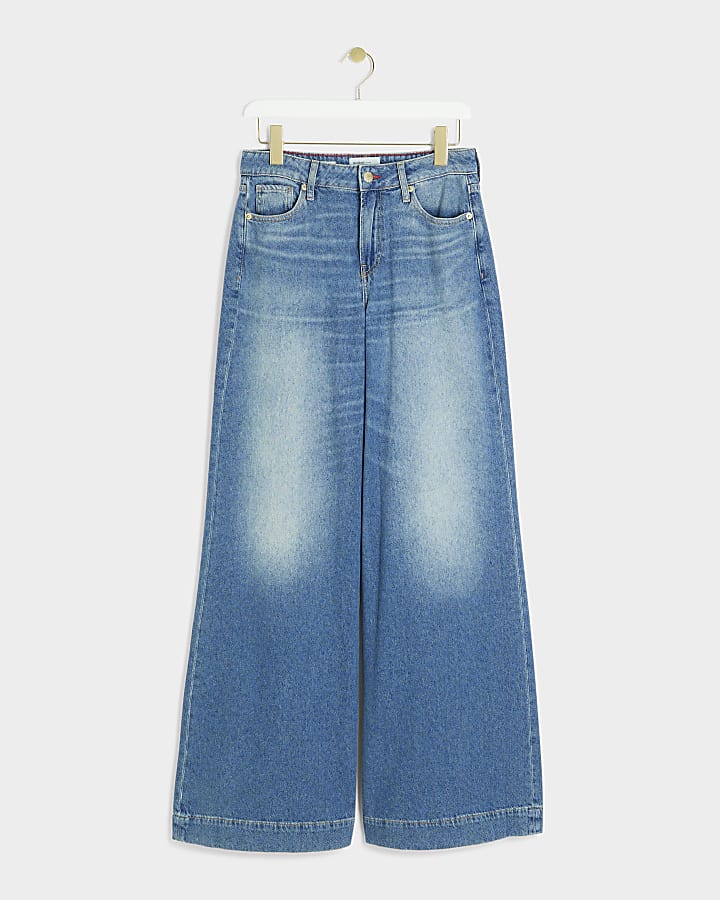 Blue mid rise wide leg jeans