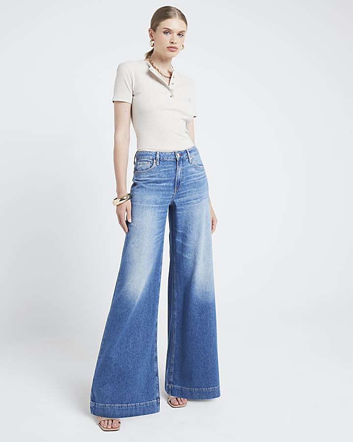 Blue mid rise wide leg jeans