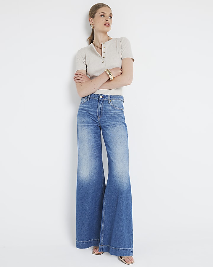 Blue mid rise wide leg jeans