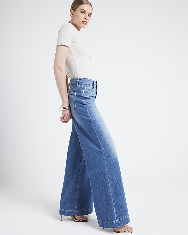 Blue mid rise wide leg jeans