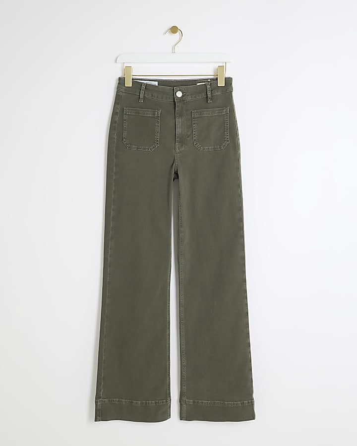 Khaki front pocket wide leg jeans