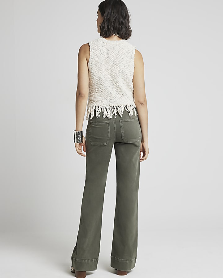 Khaki front pocket wide leg jeans