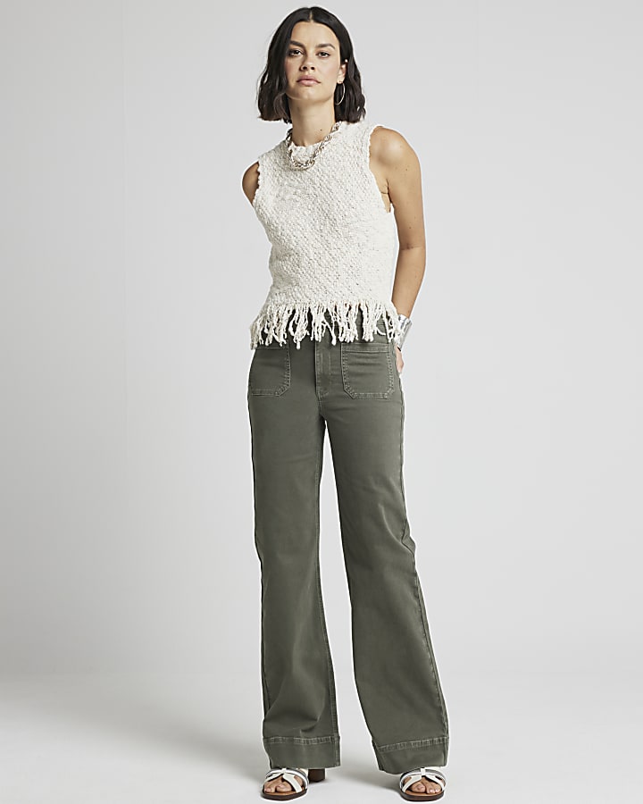 Khaki front pocket wide leg jeans