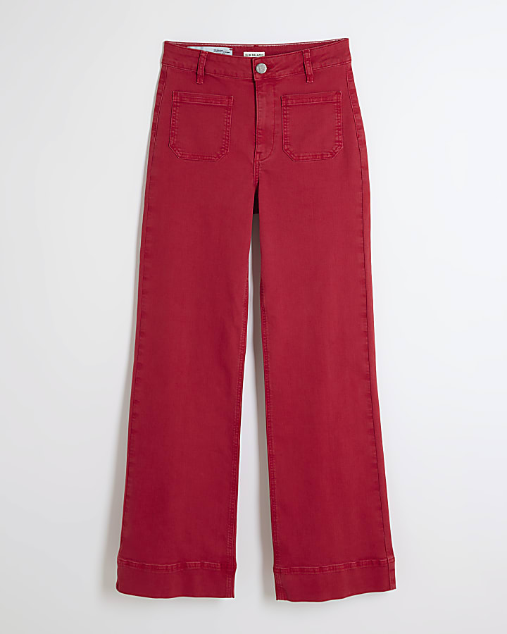 Red high waisted slim straight jeans