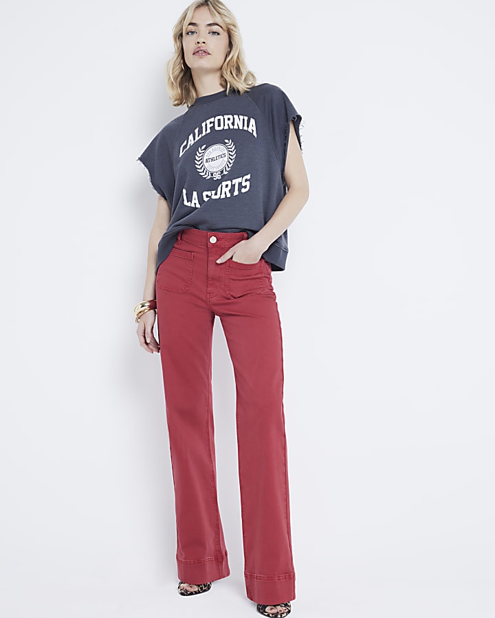 Red high waisted slim straight jeans