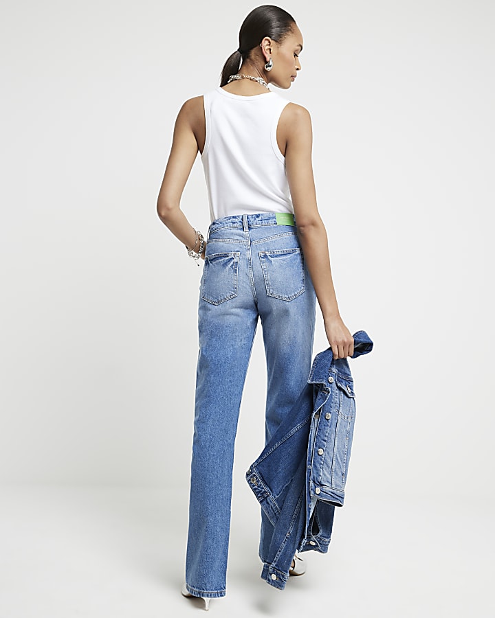 Blue high waisted slim tapered jeans