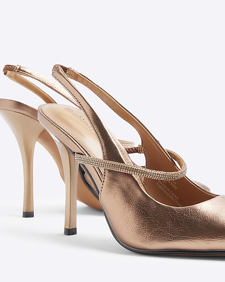 Bronze embellished sling back heeled shoes
