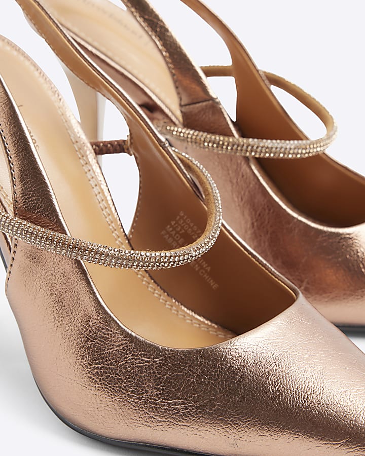 Bronze embellished sling back heeled shoes