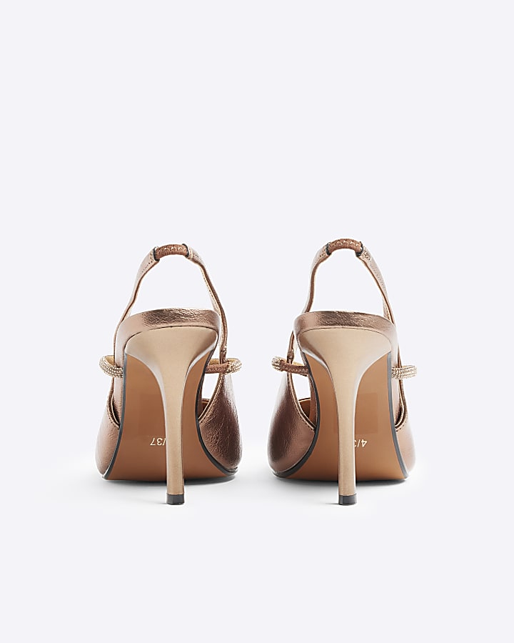Bronze embellished sling back heeled shoes
