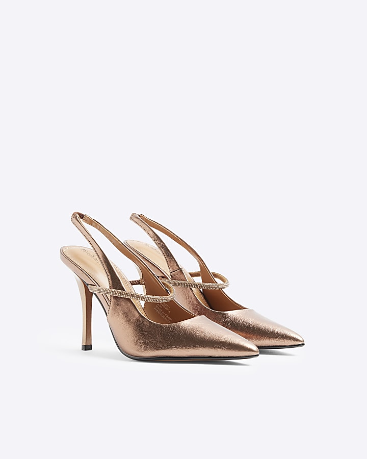 Bronze embellished sling back heeled shoes
