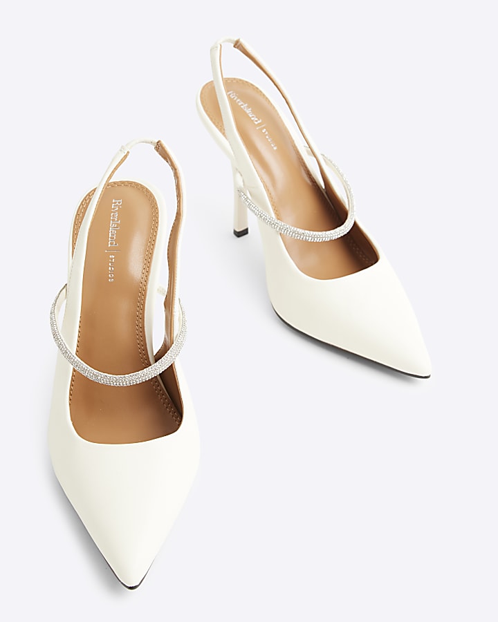 White embellished sling back heeled shoes