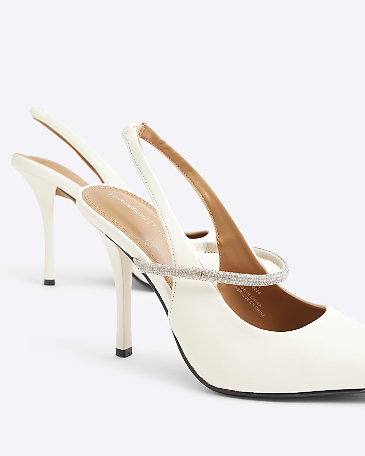 White embellished sling back heeled shoes