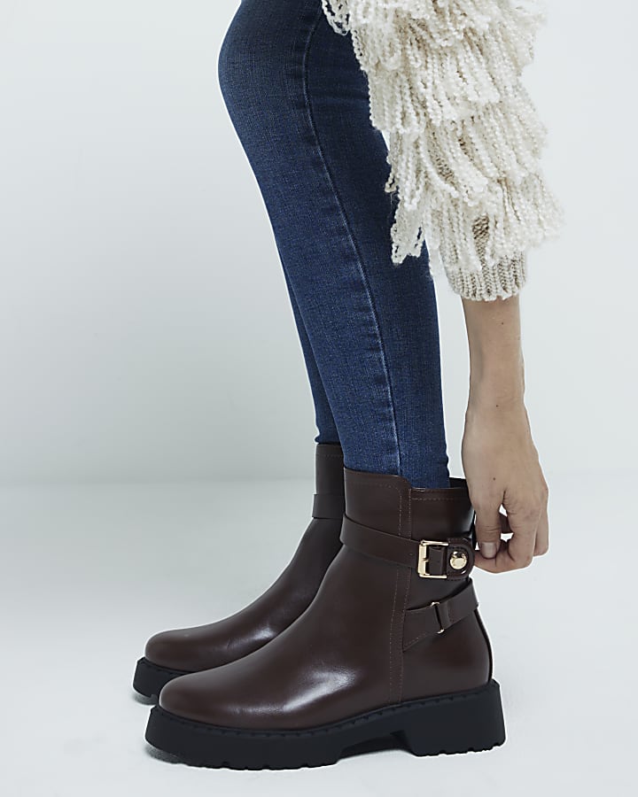 Brown buckle chunky ankle boots River Island