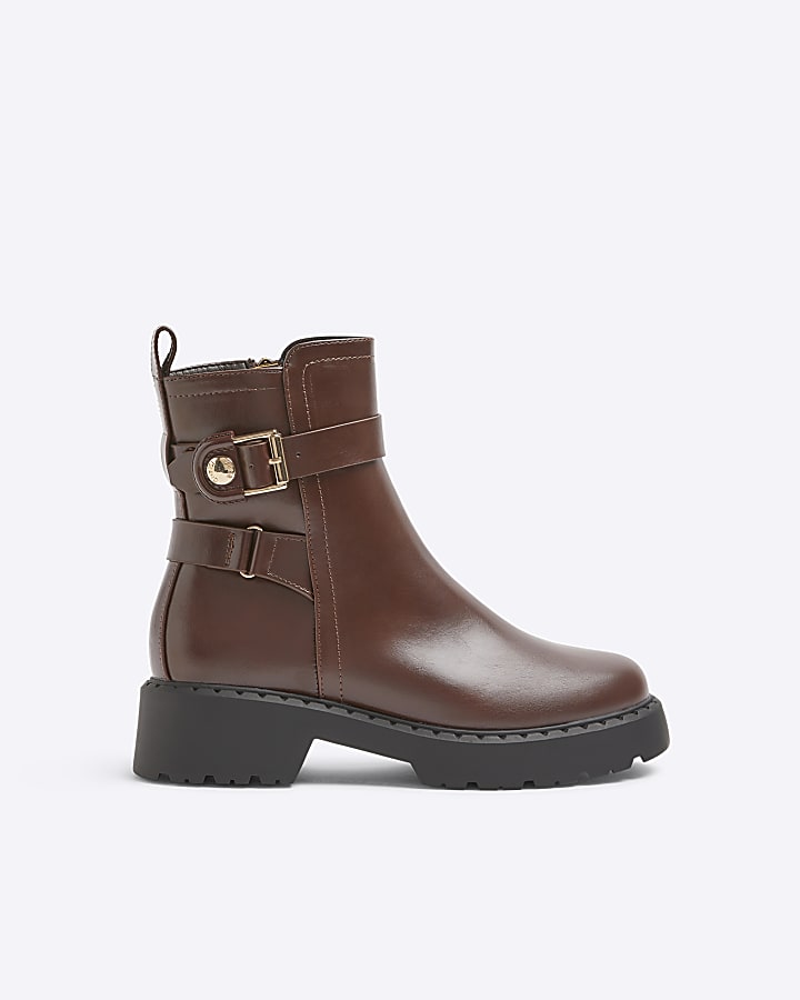 Brown buckle chunky ankle boots