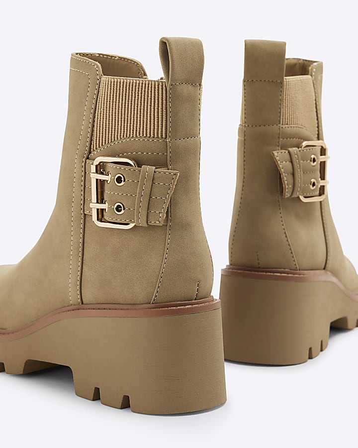Beige Buckle Detail Chelsea Boots