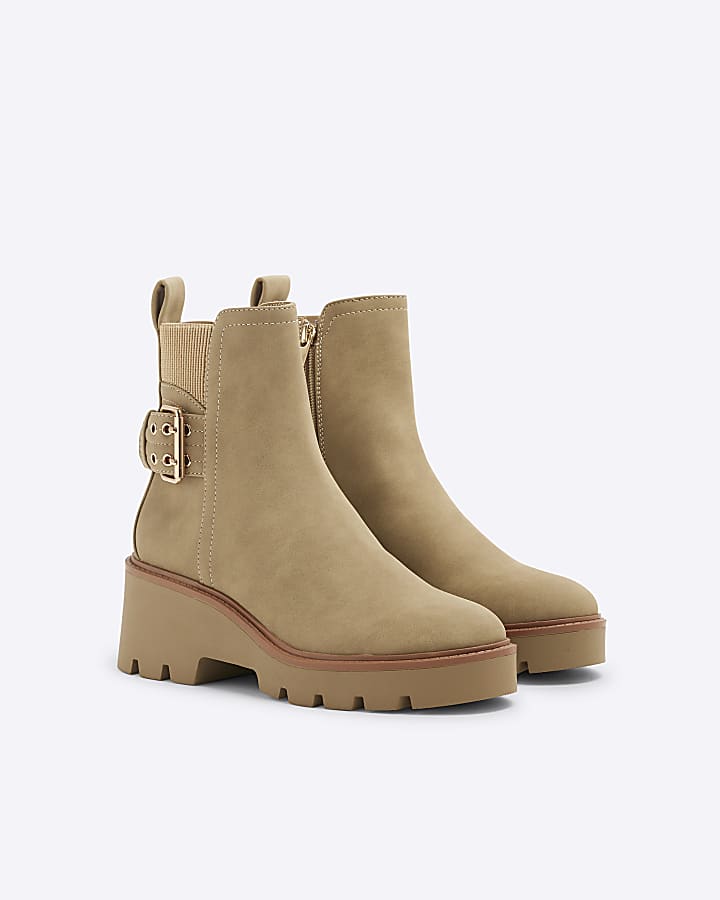 Beige Buckle Detail Chelsea Boots