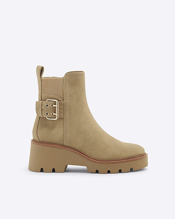 Beige Buckle Detail Chelsea Boots