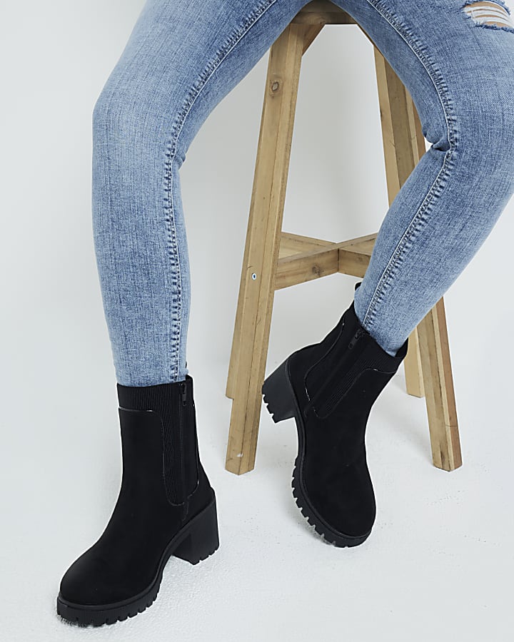 Black Chunky Block Heeled Boots River Island