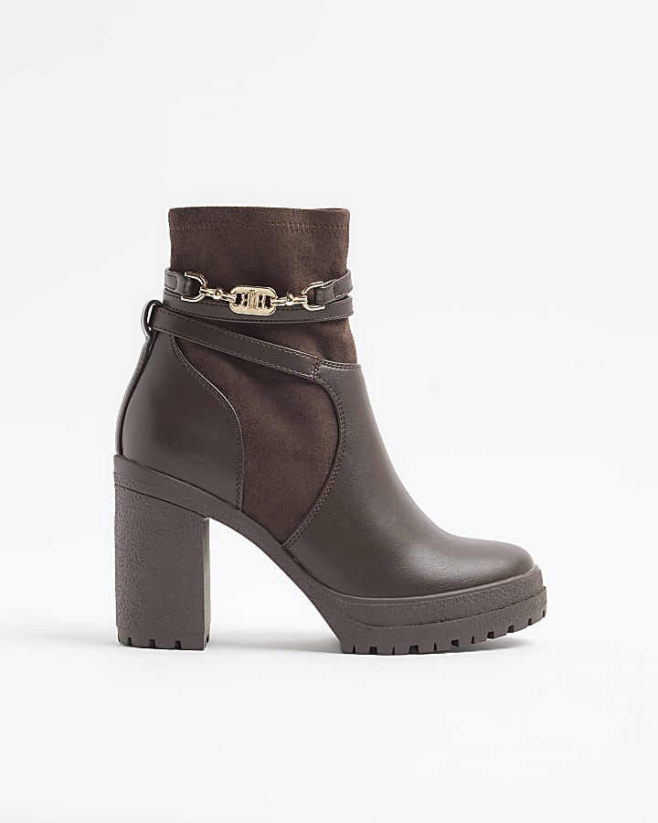 Brown hardware strap heeled boots
