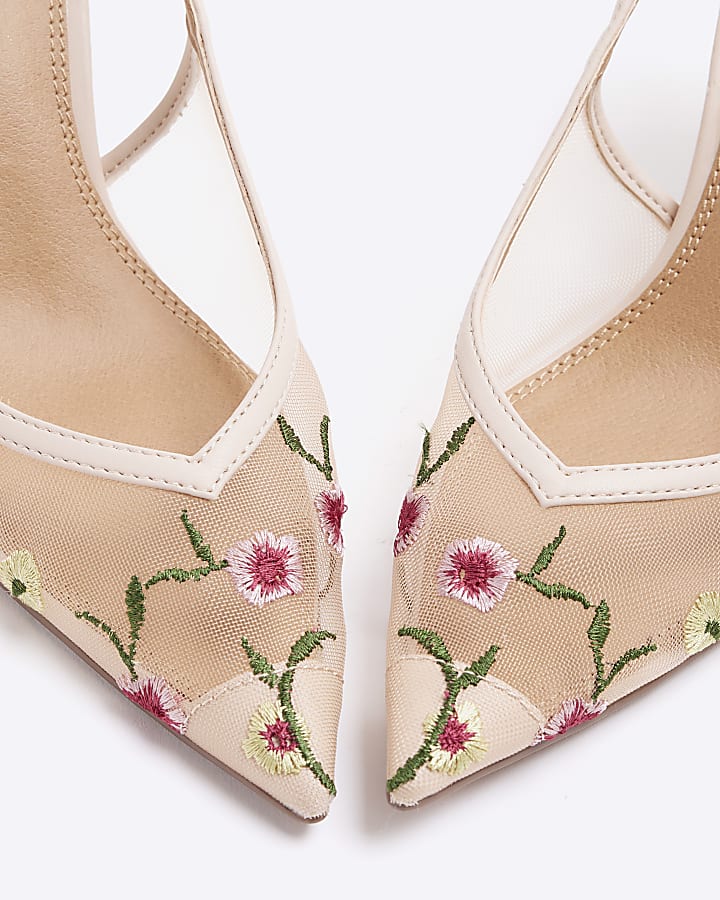 Pink embroidered floral heeled court shoes