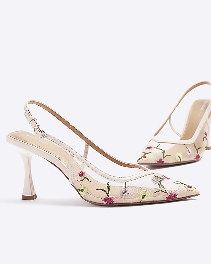 Pink embroidered floral heeled court shoes