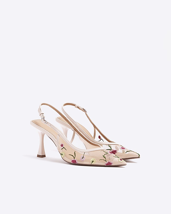 Pink embroidered floral heeled court shoes