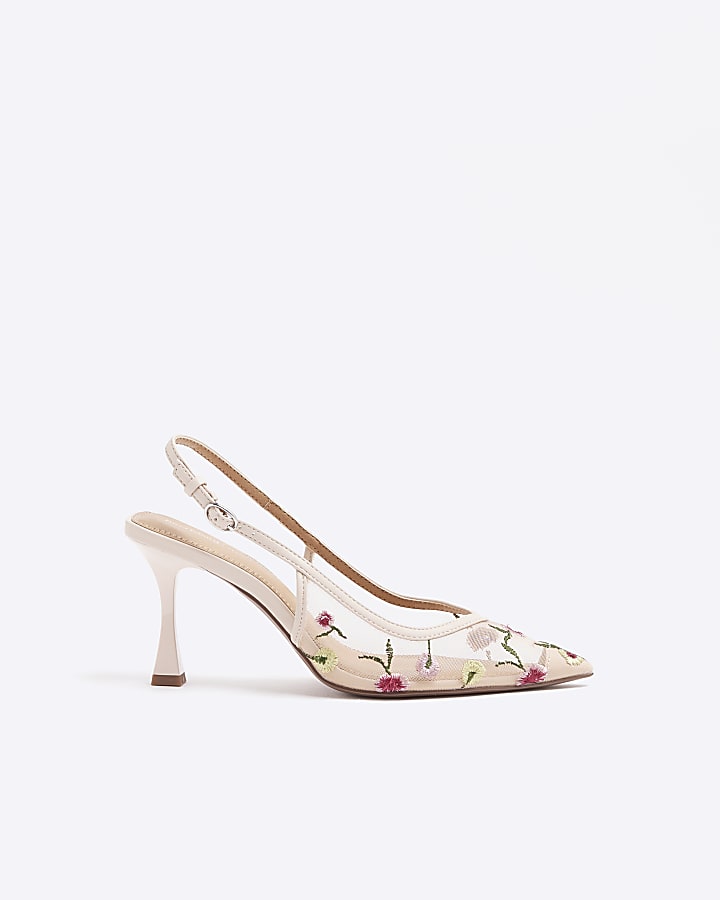 Pink embroidered floral heeled court shoes