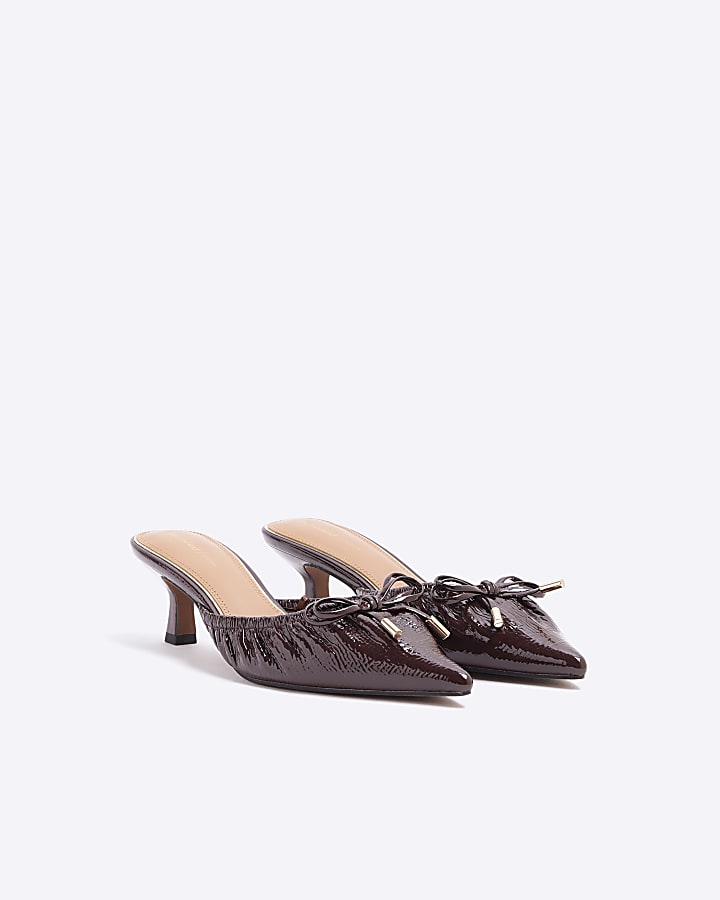 Red patent ruched bow heeled court shoes