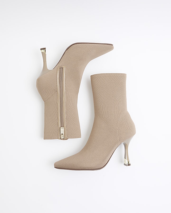 Beige Knit Heeled Sock Boots