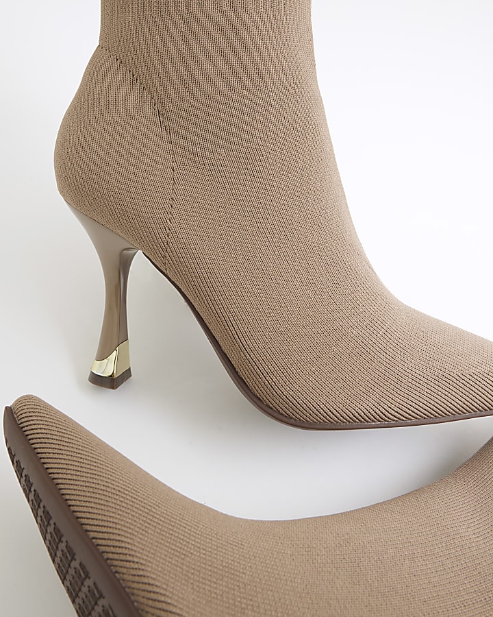 Beige Knit Heeled Sock Boots