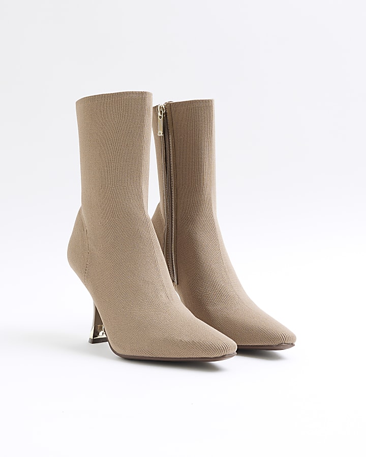 Beige Knit Heeled Sock Boots