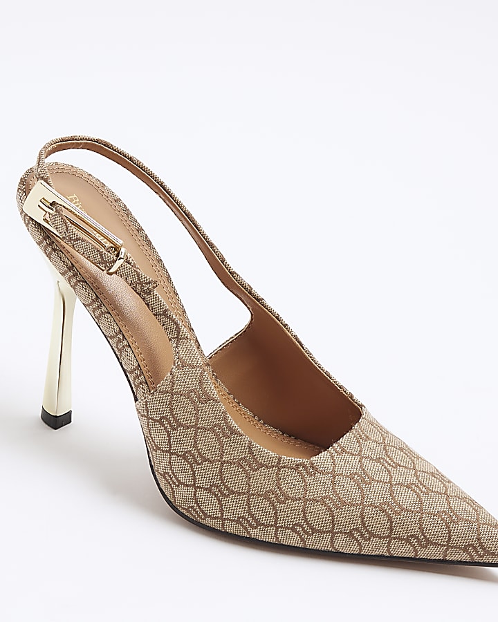 Beige monogram sling back heeled court shoes