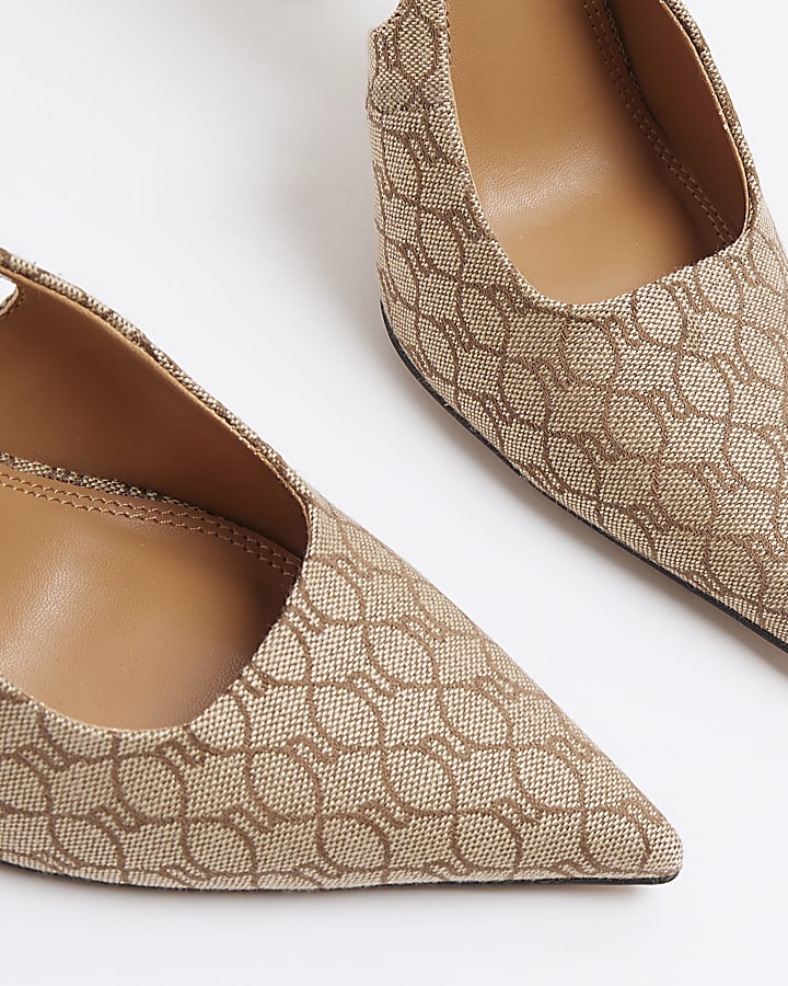 Beige monogram sling back heeled court shoes