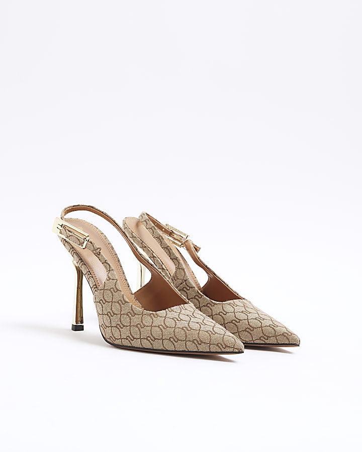 Beige monogram sling back heeled court shoes