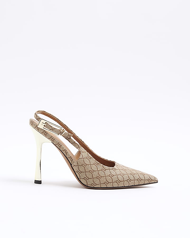 Beige monogram sling back heeled court shoes
