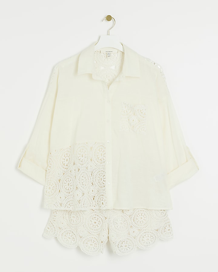 Cream crochet beach shirt and shorts set