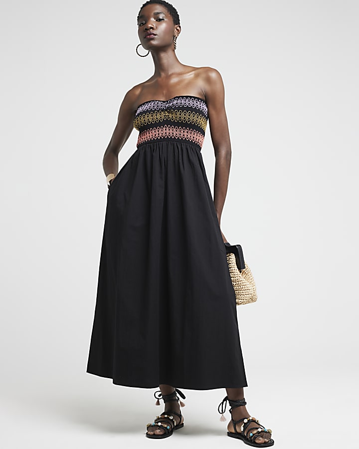 Black shirred bandeau midi dress