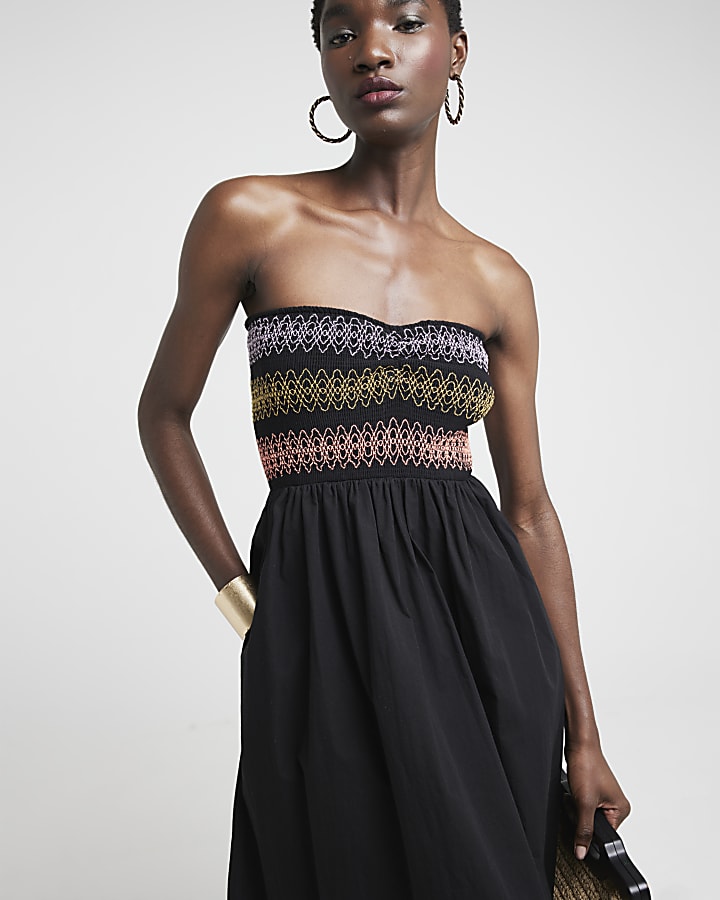 Black shirred bandeau midi dress